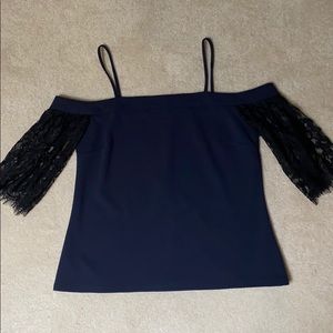Navy off the shoulder top-black lace sleeve
